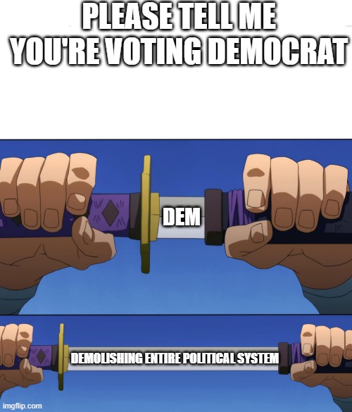 Voting Dem? | PLEASE TELL ME YOU'RE VOTING DEMOCRAT; DEM; DEMOLISHING ENTIRE POLITICAL SYSTEM | image tagged in unsheathing sword | made w/ Imgflip meme maker