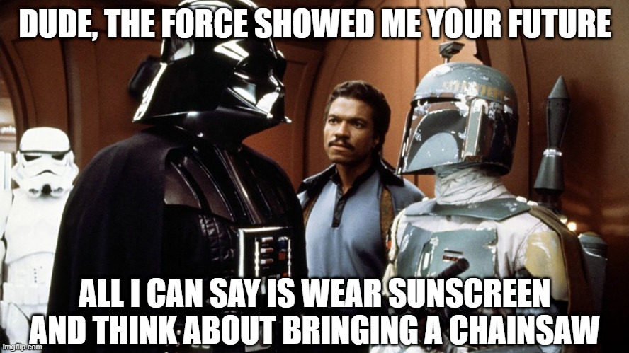 Boba Advice | DUDE, THE FORCE SHOWED ME YOUR FUTURE; ALL I CAN SAY IS WEAR SUNSCREEN AND THINK ABOUT BRINGING A CHAINSAW | image tagged in boba fett vader star wars | made w/ Imgflip meme maker