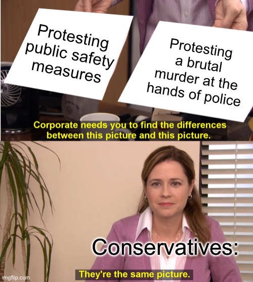 Why would liberals be sympathetic to one thing and not the other? Good question! | Protesting public safety measures; Protesting a brutal murder at the hands of police; Conservatives: | image tagged in memes,they're the same picture,face mask,protest,protests,police brutality | made w/ Imgflip meme maker