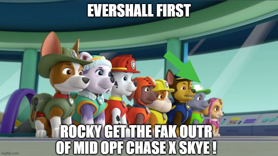 All 8 PAW Patrol Pups At The Lookout | EVERSHALL FIRST; ROCKY GET THE FAK OUTR OF MID OPF CHASE X SKYE ! | image tagged in all 8 paw patrol pups at the lookout | made w/ Imgflip meme maker