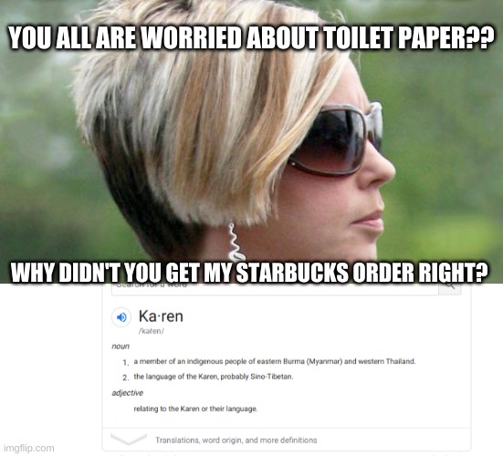 I found one in it's natural habitat | YOU ALL ARE WORRIED ABOUT TOILET PAPER?? WHY DIDN'T YOU GET MY STARBUCKS ORDER RIGHT? | image tagged in karen,karen definition | made w/ Imgflip meme maker