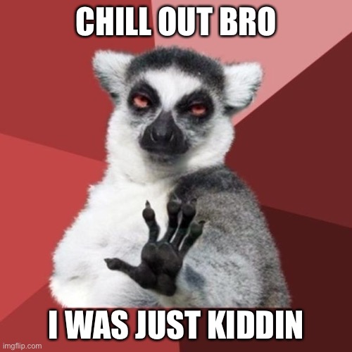 Chill Out Lemur Meme | CHILL OUT BRO I WAS JUST KIDDIN | image tagged in memes,chill out lemur | made w/ Imgflip meme maker