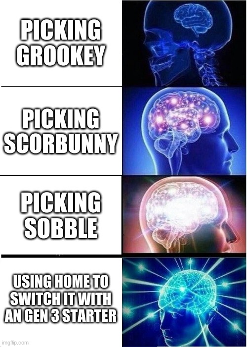 picking a pokemon starter | PICKING GROOKEY; PICKING SCORBUNNY; PICKING SOBBLE; USING HOME TO SWITCH IT WITH AN GEN 3 STARTER | image tagged in memes,expanding brain,pokemon | made w/ Imgflip meme maker