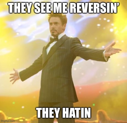 Robert Downey Jr Iron Man | THEY SEE ME REVERSIN’ THEY HATIN | image tagged in robert downey jr iron man | made w/ Imgflip meme maker