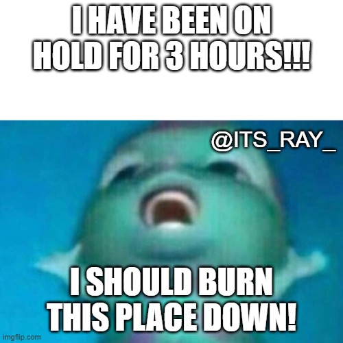 on hold | I HAVE BEEN ON HOLD FOR 3 HOURS!!! @ITS_RAY_; I SHOULD BURN THIS PLACE DOWN! | image tagged in burning,anger | made w/ Imgflip meme maker