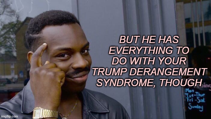 Roll Safe Think About It Meme | BUT HE HAS EVERYTHING TO DO WITH YOUR TRUMP DERANGEMENT SYNDROME, THOUGH | image tagged in memes,roll safe think about it | made w/ Imgflip meme maker