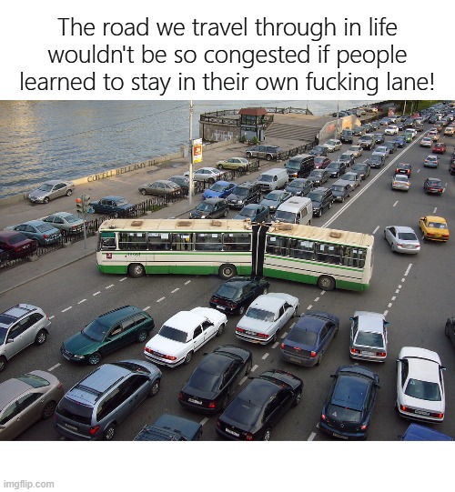 The road we travel through in life wouldn't be so congested if people learned to stay in their own fucking lane! COVELL BELLAMY III | image tagged in road congestion not staying in own lane | made w/ Imgflip meme maker
