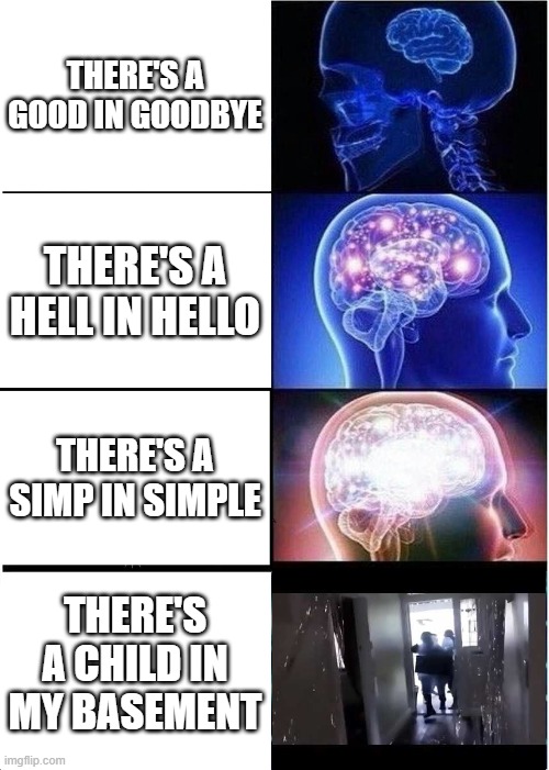 Damnit how'd they know | THERE'S A GOOD IN GOODBYE; THERE'S A HELL IN HELLO; THERE'S A SIMP IN SIMPLE; THERE'S A CHILD IN MY BASEMENT | image tagged in memes,expanding brain,fbi investigation,funny memes | made w/ Imgflip meme maker