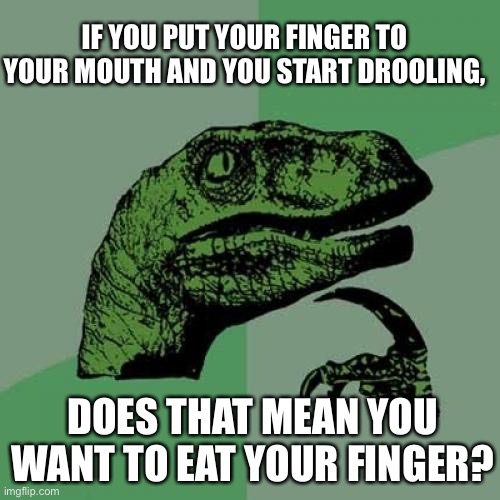 Philosoraptor Meme | IF YOU PUT YOUR FINGER TO YOUR MOUTH AND YOU START DROOLING, DOES THAT MEAN YOU WANT TO EAT YOUR FINGER? | image tagged in memes,philosoraptor | made w/ Imgflip meme maker