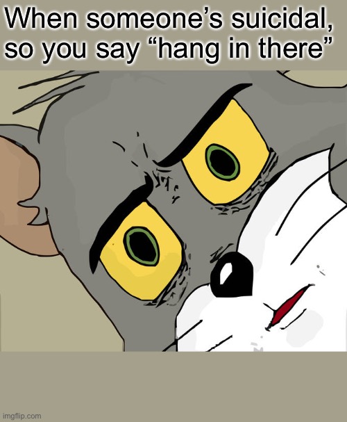 K | When someone’s suicidal, so you say “hang in there” | image tagged in memes,unsettled tom | made w/ Imgflip meme maker