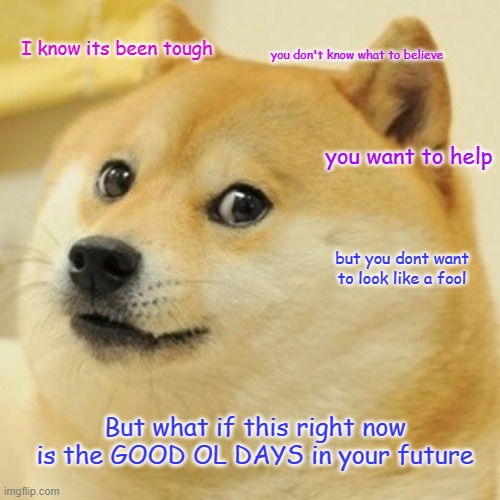 good ol days | I know its been tough; you don't know what to believe; you want to help; but you dont want to look like a fool; But what if this right now is the GOOD OL DAYS in your future | image tagged in memes,doge | made w/ Imgflip meme maker