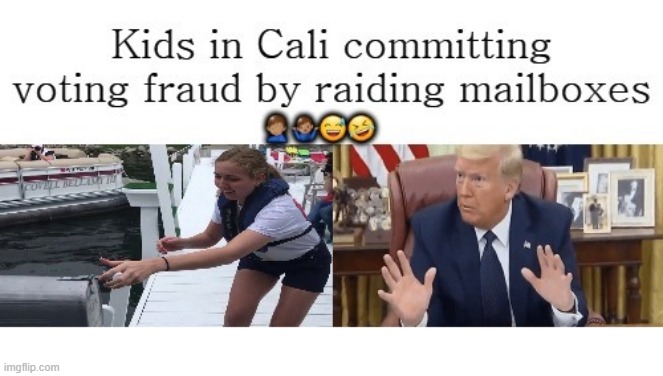 Trump Kids In Cali Committing Voting Fraud By Raiding Mailboxes | image tagged in trump kids in cali committing voting fraud by raiding mailboxes | made w/ Imgflip meme maker