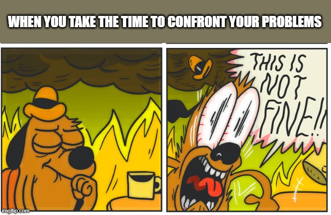 Everything is Not Fine | WHEN YOU TAKE THE TIME TO CONFRONT YOUR PROBLEMS | image tagged in meme,funny meme | made w/ Imgflip meme maker