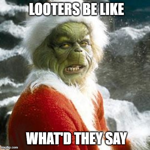 grinch | LOOTERS BE LIKE; WHAT'D THEY SAY | image tagged in grinch,memes,funny,not funny | made w/ Imgflip meme maker