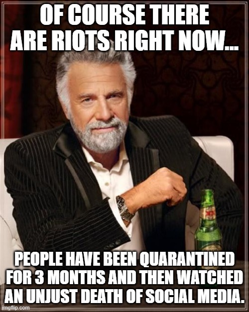 The Most Interesting Man In The World | OF COURSE THERE ARE RIOTS RIGHT NOW... PEOPLE HAVE BEEN QUARANTINED FOR 3 MONTHS AND THEN WATCHED AN UNJUST DEATH OF SOCIAL MEDIA. | image tagged in memes,the most interesting man in the world | made w/ Imgflip meme maker