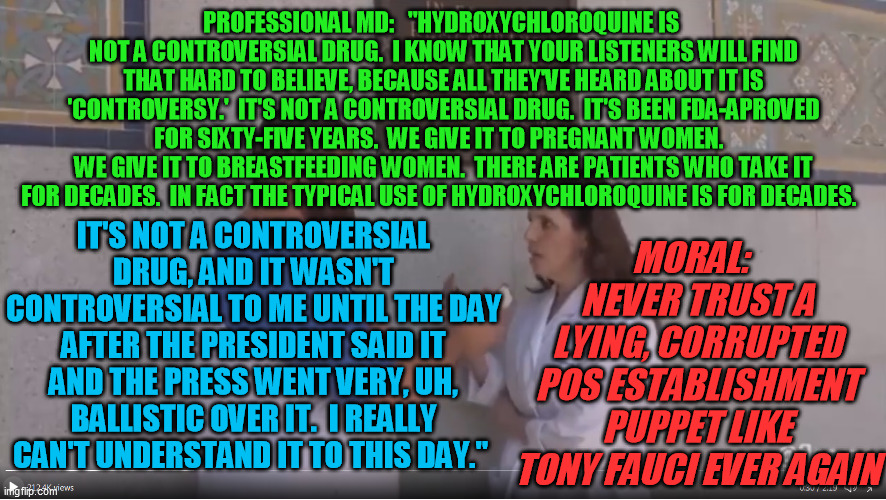 Dems especially:  You are being divided and lied to.  Open your eyes.  Learn the nakedly obvious lesson from this. | PROFESSIONAL MD:   "HYDROXYCHLOROQUINE IS 
NOT A CONTROVERSIAL DRUG.  I KNOW THAT YOUR LISTENERS WILL FIND THAT HARD TO BELIEVE, BECAUSE ALL THEY'VE HEARD ABOUT IT IS 'CONTROVERSY.'  IT'S NOT A CONTROVERSIAL DRUG.  IT'S BEEN FDA-APROVED FOR SIXTY-FIVE YEARS.  WE GIVE IT TO PREGNANT WOMEN.  
WE GIVE IT TO BREASTFEEDING WOMEN.  THERE ARE PATIENTS WHO TAKE IT FOR DECADES.  IN FACT THE TYPICAL USE OF HYDROXYCHLOROQUINE IS FOR DECADES. MORAL:   NEVER TRUST A LYING, CORRUPTED POS ESTABLISHMENT PUPPET LIKE TONY FAUCI EVER AGAIN; IT'S NOT A CONTROVERSIAL DRUG, AND IT WASN'T CONTROVERSIAL TO ME UNTIL THE DAY AFTER THE PRESIDENT SAID IT AND THE PRESS WENT VERY, UH, BALLISTIC OVER IT.  I REALLY CAN'T UNDERSTAND IT TO THIS DAY." | image tagged in hydroxychloroquine,anthony fauci,covid-19,coronavirus,conspiracy theory,tinfoil hat | made w/ Imgflip meme maker