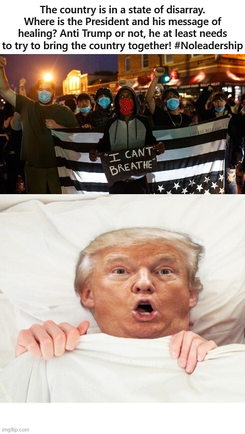 The country is in a state of disarray. Where is the President and his message of healing? Anti Trump or not, he at least needs to try to bring the country together! #Noleadership; COVELL BELLAMY III | image tagged in trump no leadership | made w/ Imgflip meme maker