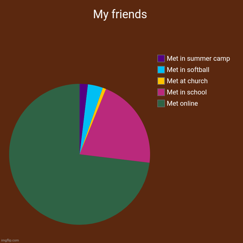 I bet you can relate at least to some extent | My friends | Met online, Met in school, Met at church, Met in softball, Met in summer camp | image tagged in charts,pie charts,online,friends | made w/ Imgflip chart maker
