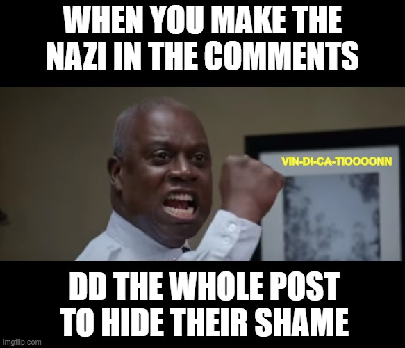 VINDICATION |  WHEN YOU MAKE THE NAZI IN THE COMMENTS; VIN-DI-CA-TIOOOONN; DD THE WHOLE POST TO HIDE THEIR SHAME | image tagged in brooklyn nine nine | made w/ Imgflip meme maker