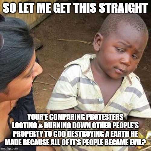 Third World Skeptical Kid Meme | SO LET ME GET THIS STRAIGHT YOUR'E COMPARING PROTESTERS LOOTING & BURNING DOWN OTHER PEOPLE'S PROPERTY TO GOD DESTROYING A EARTH HE MADE BEC | image tagged in memes,third world skeptical kid | made w/ Imgflip meme maker
