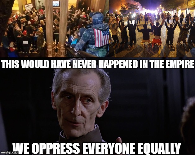 Wether left or right: The Empire would have maintained peace, freedom, justice, and security | THIS WOULD HAVE NEVER HAPPENED IN THE EMPIRE; WE OPPRESS EVERYONE EQUALLY | image tagged in the empire did nothing wrong,tarkin,star wars,protest,oppression | made w/ Imgflip meme maker