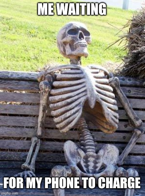 *Checks* 51% *checks an hour later* 53% | ME WAITING; FOR MY PHONE TO CHARGE | image tagged in memes,waiting skeleton | made w/ Imgflip meme maker