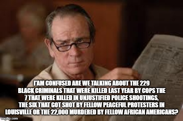 no country for old men tommy lee jones | I'AM CONFUSED ARE WE TALKING ABOUT THE 229 BLACK CRIMINALS THAT WERE KILLED LAST YEAR BY COPS THE 7 THAT WERE KILLED IN UNJUSTIFIED POLICE S | image tagged in no country for old men tommy lee jones | made w/ Imgflip meme maker