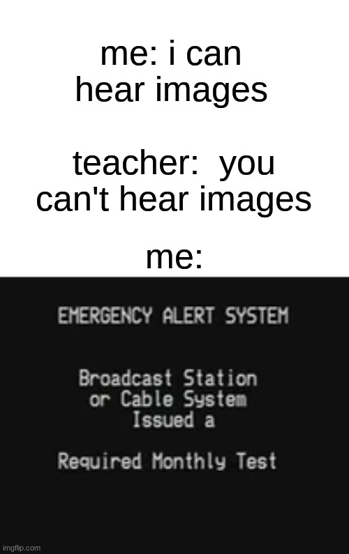 errrrrrrrrrrrrrrrrrrrrrrrrrrrr errrrrrrrrrrrrrrr errrrrrrrrrrrrrrrrr er er er | me: i can hear images; teacher:  you can't hear images; me: | image tagged in emergency alert | made w/ Imgflip meme maker