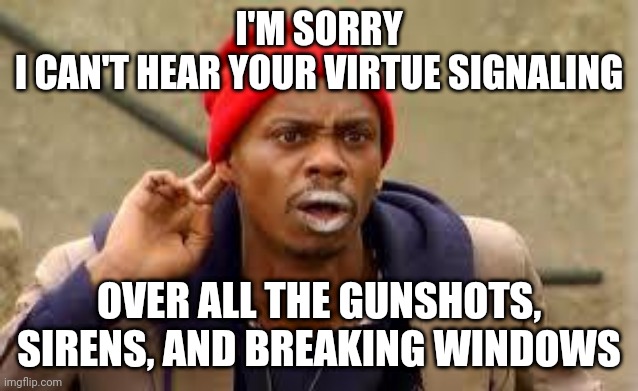 Virtue Signaling | I'M SORRY
I CAN'T HEAR YOUR VIRTUE SIGNALING; OVER ALL THE GUNSHOTS, SIRENS, AND BREAKING WINDOWS | image tagged in dave chappelle,criminals,riots,2020,memes | made w/ Imgflip meme maker