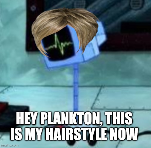 I Wonder How Plankton Would React | HEY PLANKTON, THIS IS MY HAIRSTYLE NOW | image tagged in computer wife karen | made w/ Imgflip meme maker