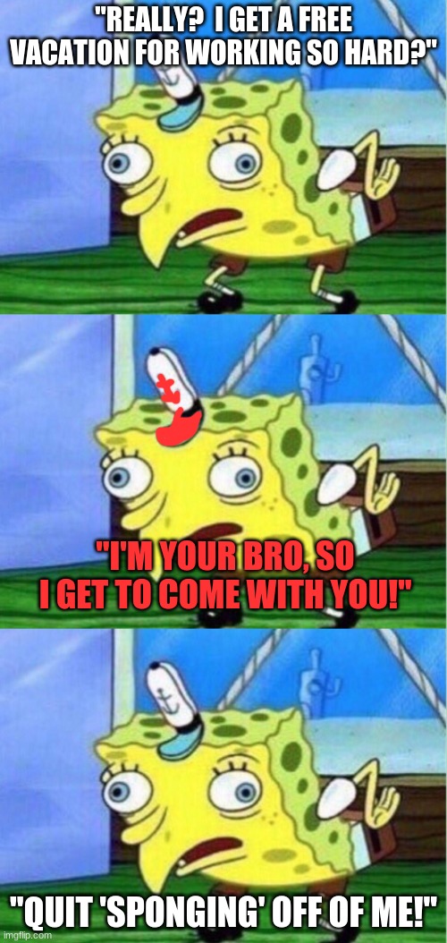 *Badum, chh!" | "REALLY?  I GET A FREE VACATION FOR WORKING SO HARD?"; "I'M YOUR BRO, SO I GET TO COME WITH YOU!"; "QUIT 'SPONGING' OFF OF ME!" | image tagged in memes,mocking spongebob,mocking spongeboc,chaing meme | made w/ Imgflip meme maker