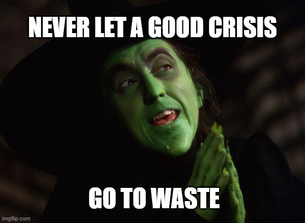 Wicked Witch West |  NEVER LET A GOOD CRISIS; GO TO WASTE | image tagged in wicked witch west | made w/ Imgflip meme maker