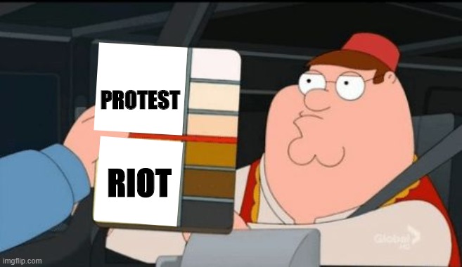 Am I wrong? | PROTEST; RIOT | image tagged in family guy okay not okay | made w/ Imgflip meme maker