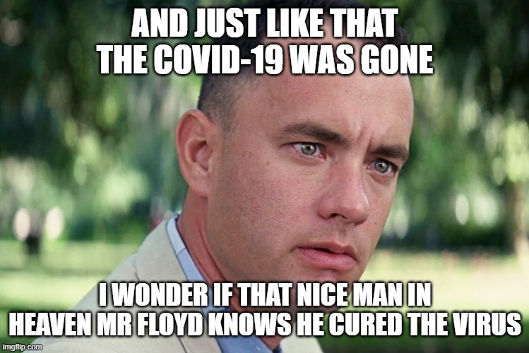 The cure for Covid in America | AND JUST LIKE THAT THE COVID-19 WAS GONE; I WONDER IF THAT NICE MAN IN HEAVEN MR FLOYD KNOWS HE CURED THE VIRUS | image tagged in memes,and just like that | made w/ Imgflip meme maker