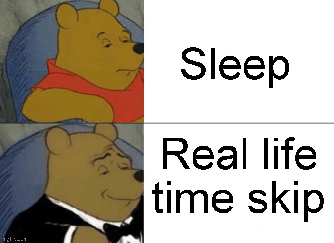 Tuxedo Winnie The Pooh Meme | Sleep; Real life time skip | image tagged in memes,tuxedo winnie the pooh | made w/ Imgflip meme maker
