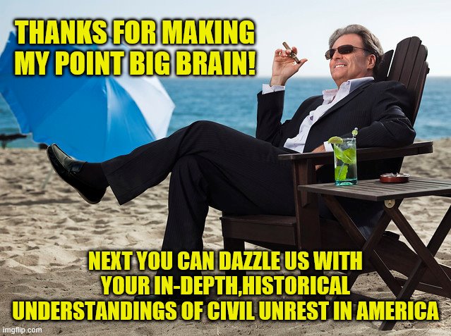 THANKS FOR MAKING MY POINT BIG BRAIN! NEXT YOU CAN DAZZLE US WITH YOUR IN-DEPTH,HISTORICAL UNDERSTANDINGS OF CIVIL UNREST IN AMERICA | made w/ Imgflip meme maker