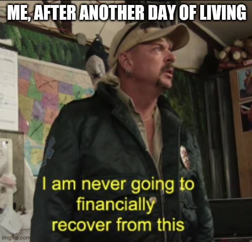 My life | ME, AFTER ANOTHER DAY OF LIVING | image tagged in joe exotic financially recover,poor,sad,broke | made w/ Imgflip meme maker