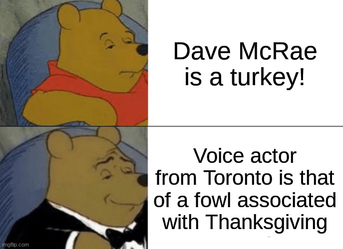 If you don't know who he is, go look him up on YouTube. | Dave McRae is a turkey! Voice actor from Toronto is that of a fowl associated with Thanksgiving | image tagged in memes,tuxedo winnie the pooh,voice actor,turkey,so yeah,yolo | made w/ Imgflip meme maker