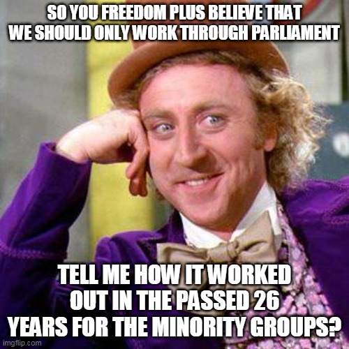 Willy Wonka Blank | SO YOU FREEDOM PLUS BELIEVE THAT WE SHOULD ONLY WORK THROUGH PARLIAMENT; TELL ME HOW IT WORKED OUT IN THE PASSED 26 YEARS FOR THE MINORITY GROUPS? | image tagged in willy wonka blank | made w/ Imgflip meme maker