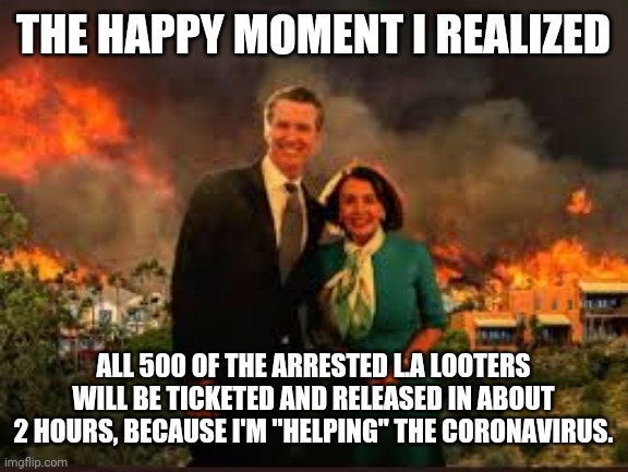 Burning | THE HAPPY MOMENT I REALIZED; ALL 500 OF THE ARRESTED L.A LOOTERS WILL BE TICKETED AND RELEASED IN ABOUT 2 HOURS, BECAUSE I'M "HELPING" THE CORONAVIRUS. | image tagged in pelosi newsom,fire,looters | made w/ Imgflip meme maker