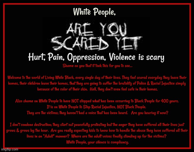 White People are you scared yet? | image tagged in racial injustice in america | made w/ Imgflip meme maker