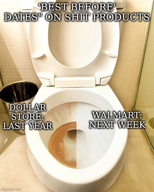 all from chyna | 'BEST BEFORE' DATES" ON SHIT PRODUCTS; WALMART: NEXT WEEK; DOLLAR STORE: LAST YEAR | image tagged in half cleaned toilet,best before,chyna | made w/ Imgflip meme maker
