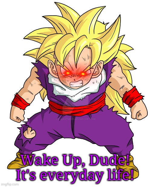 SSJ Kid Gohan | Wake Up, Dude! It's everyday life! | image tagged in ssj kid gohan | made w/ Imgflip meme maker