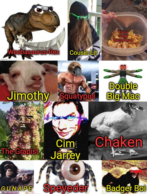 The Meme Team | Chiccy Nuggy Maccy Cheese; Cousin Lit; Weebasaurus-Rex; Double Big Mac; Jimothy; Squatypus; Chaken; Cim Jarrey; The Grapist; Speyeder; Badger Boi; G U N A P E | image tagged in jim carrey,chicken,honey badger,the team,dank memes,meme crossover | made w/ Imgflip meme maker
