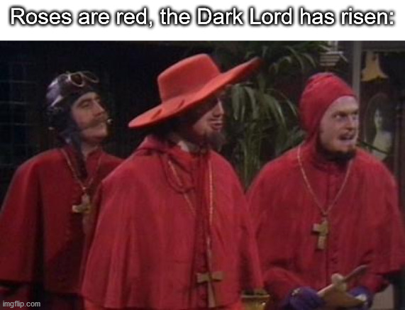 Nobody Expects the Spanish Inquisition Monty Python | Roses are red, the Dark Lord has risen: | image tagged in nobody expects the spanish inquisition monty python,harry potter | made w/ Imgflip meme maker