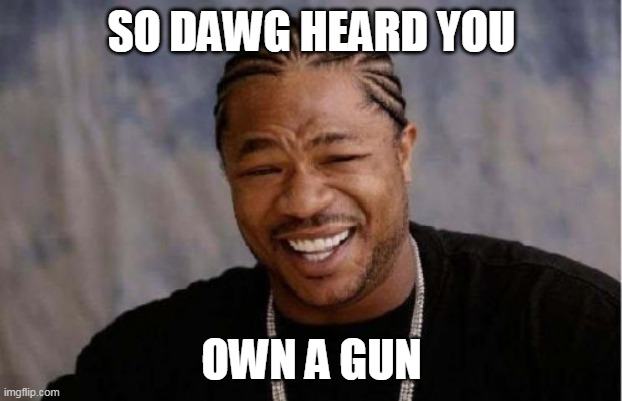 Yo Dawg Heard You Meme | SO DAWG HEARD YOU OWN A GUN | image tagged in memes,yo dawg heard you | made w/ Imgflip meme maker