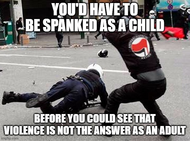 Antifa violence | YOU'D HAVE TO BE SPANKED AS A CHILD; BEFORE YOU COULD SEE THAT VIOLENCE IS NOT THE ANSWER AS AN ADULT | image tagged in social justice warriors | made w/ Imgflip meme maker