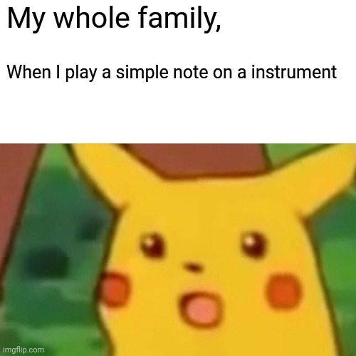 Pikachu meme | My whole family, When I play a simple note on a instrument | image tagged in memes,surprised pikachu | made w/ Imgflip meme maker