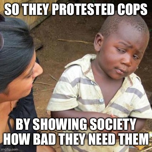 Do let me get this right.. | SO THEY PROTESTED COPS; BY SHOWING SOCIETY HOW BAD THEY NEED THEM | image tagged in memes,third world skeptical kid | made w/ Imgflip meme maker