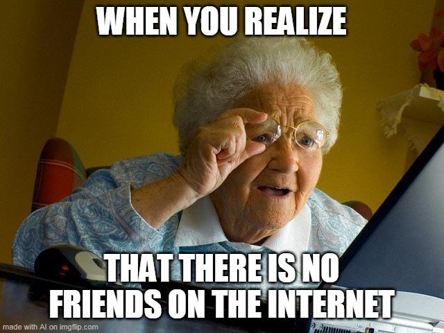 Why No Friends | WHEN YOU REALIZE; THAT THERE IS NO FRIENDS ON THE INTERNET | image tagged in memes,grandma finds the internet | made w/ Imgflip meme maker